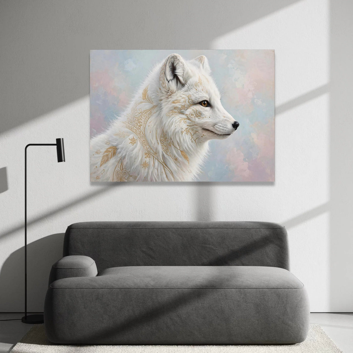Elegant White Arctic Fox Canvas Wall Art, Golden Floral Pattern, Mystical Animal Portrait, Nature Wall Decoration, Modern Canvas Print Art