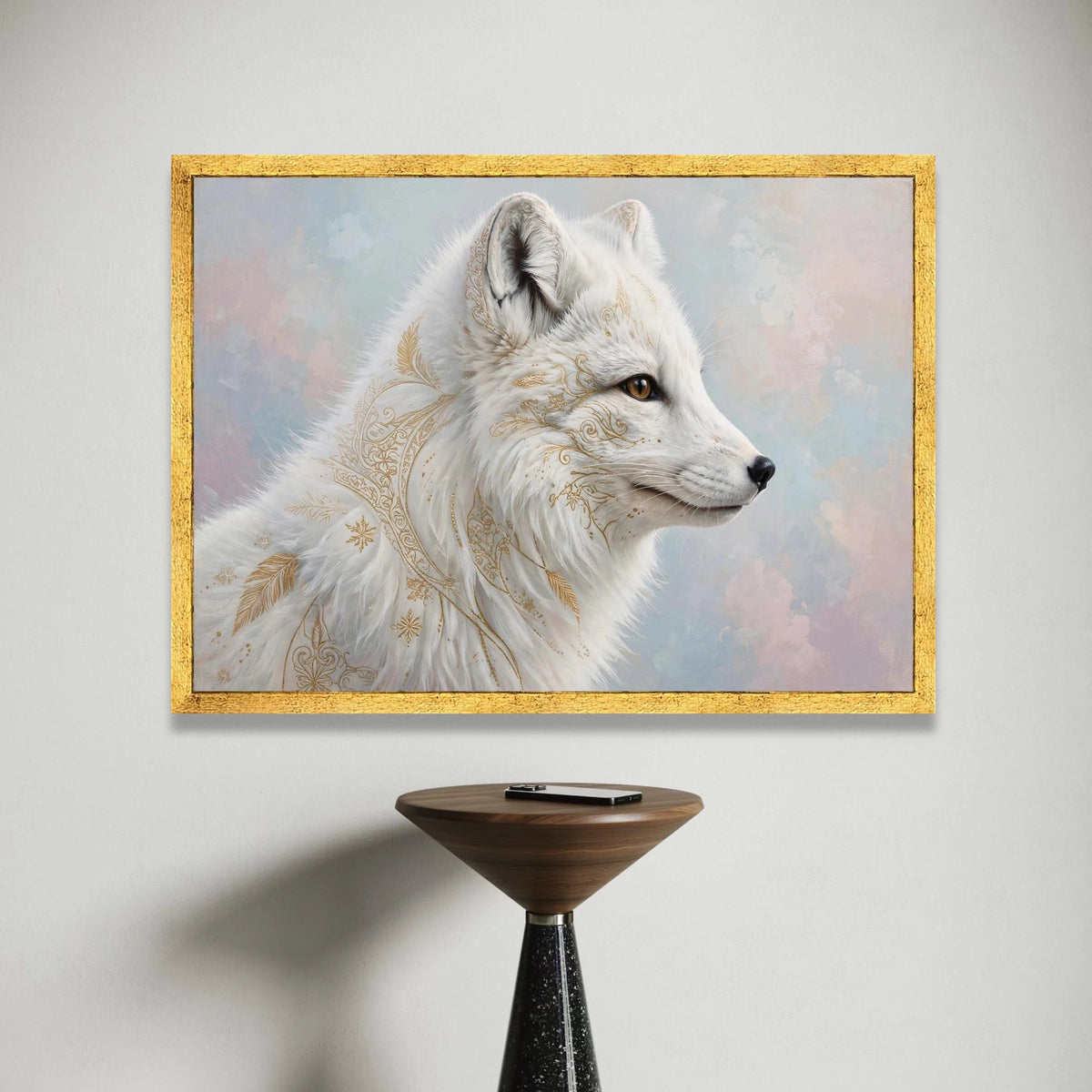 Elegant White Arctic Fox Canvas Wall Art, Golden Floral Pattern, Mystical Animal Portrait, Nature Wall Decoration, Modern Canvas Print Art