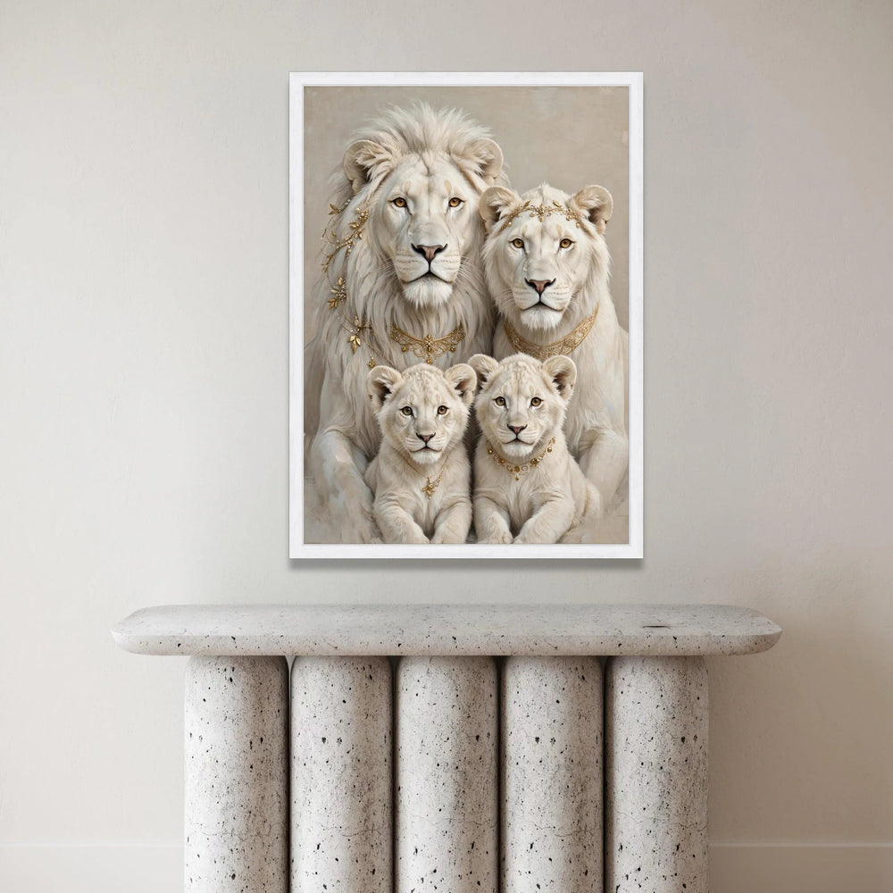 Elegant White Lion Family Portrait Canvas, Regal Animal Wall Art, Royal Wildlife Decoration, Luxury Home Canvas, Ready to Canvas Print Art