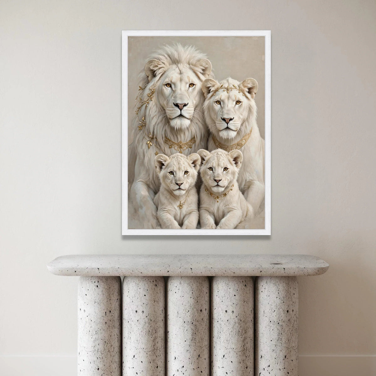 Elegant White Lion Family Portrait Canvas, Regal Animal Wall Art, Royal Wildlife Decoration, Luxury Home Canvas, Ready to Canvas Print Art