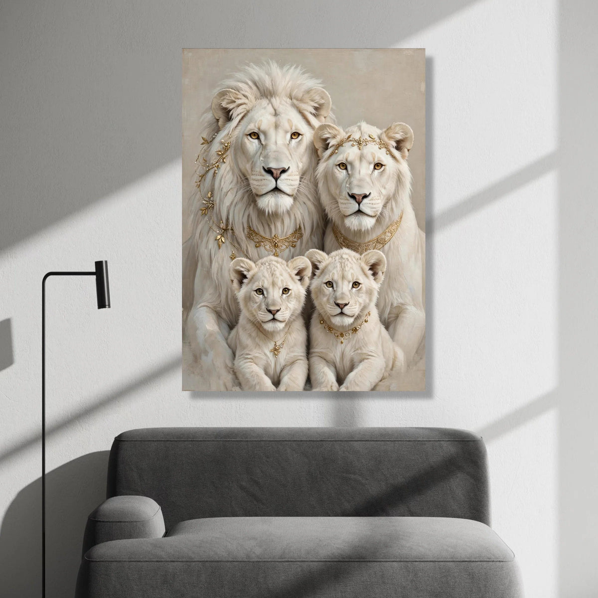 Elegant White Lion Family Portrait Canvas, Regal Animal Wall Art, Royal Wildlife Decoration, Luxury Home Canvas, Ready to Canvas Print Art