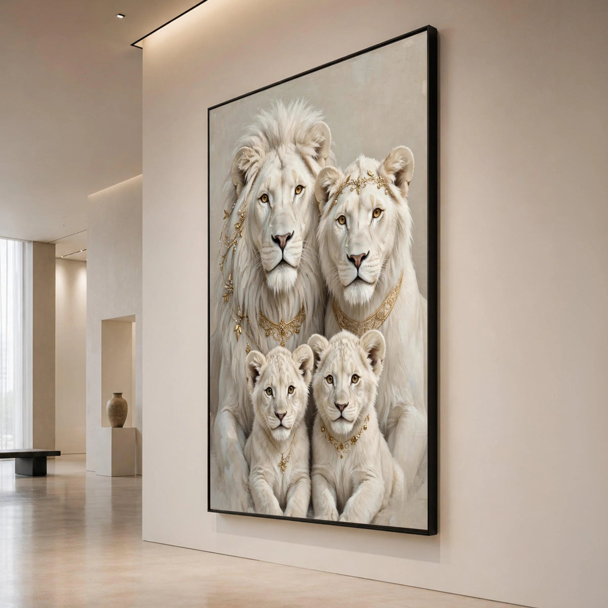 Elegant White Lion Family Portrait Canvas, Regal Animal Wall Art, Royal Wildlife Decoration, Luxury Home Canvas, Ready to Canvas Print Art