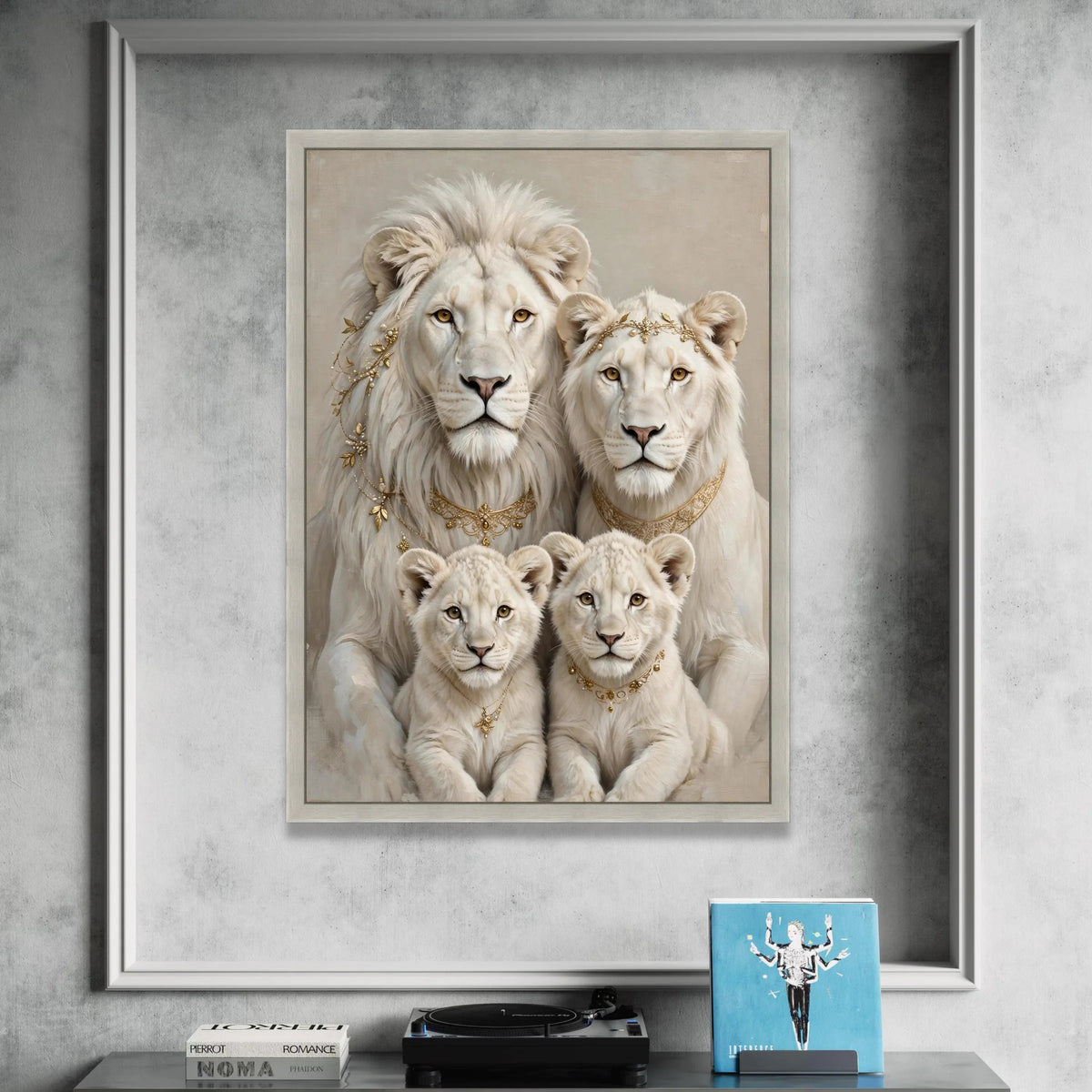 Elegant White Lion Family Portrait Canvas, Regal Animal Wall Art, Royal Wildlife Decoration, Luxury Home Canvas, Ready to Canvas Print Art