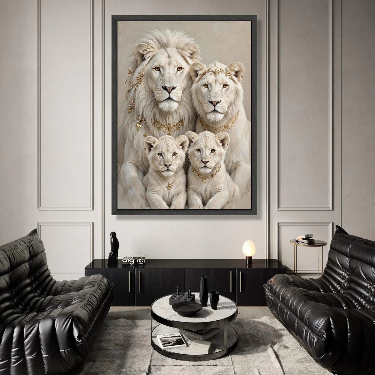 Elegant White Lion Family Portrait Canvas, Regal Animal Wall Art, Royal Wildlife Decoration, Luxury Home Canvas, Ready to Canvas Print Art
