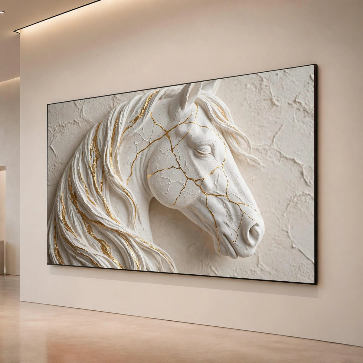 Elegant White Horse Canvas Wall Art, Golden Veins Decorative Horse Portrait, Modern Animal Canvas, Stylish Home Wall Canvas Print Art