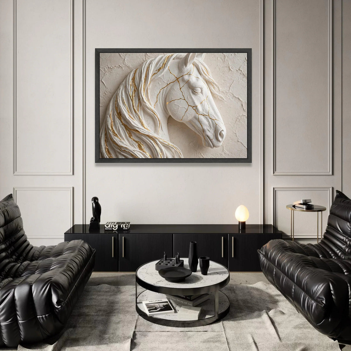 Elegant White Horse Canvas Wall Art, Golden Veins Decorative Horse Portrait, Modern Animal Canvas, Stylish Home Wall Canvas Print Art