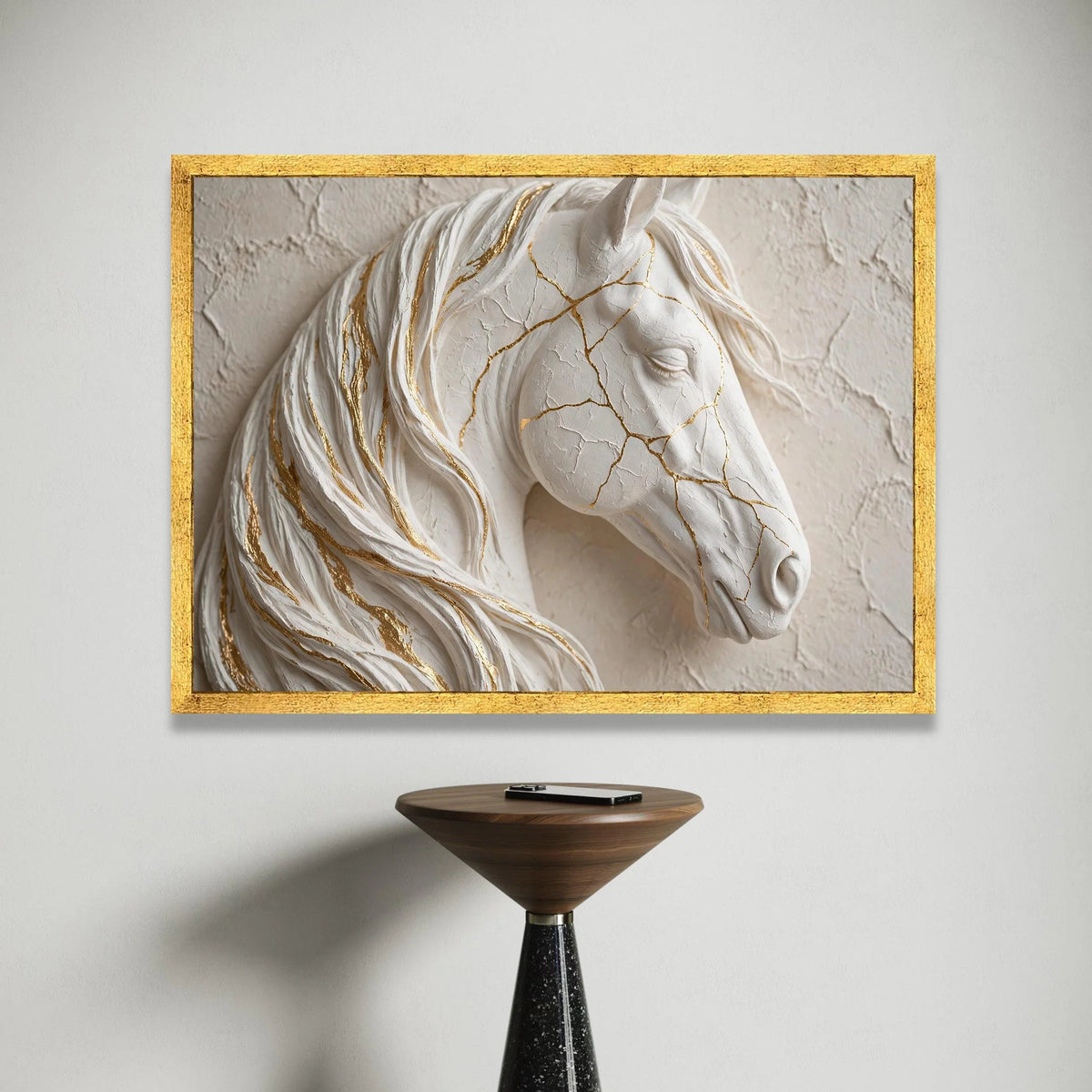 Elegant White Horse Canvas Wall Art, Golden Veins Decorative Horse Portrait, Modern Animal Canvas, Stylish Home Wall Canvas Print Art