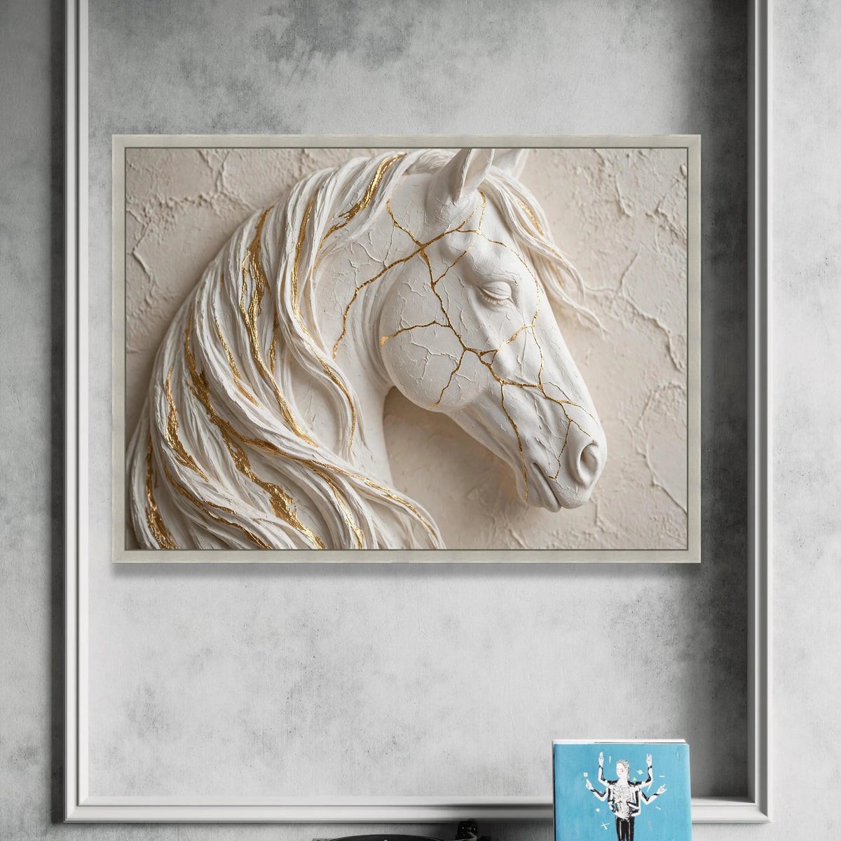 Elegant White Horse Canvas Wall Art, Golden Veins Decorative Horse Portrait, Modern Animal Canvas, Stylish Home Wall Canvas Print Art