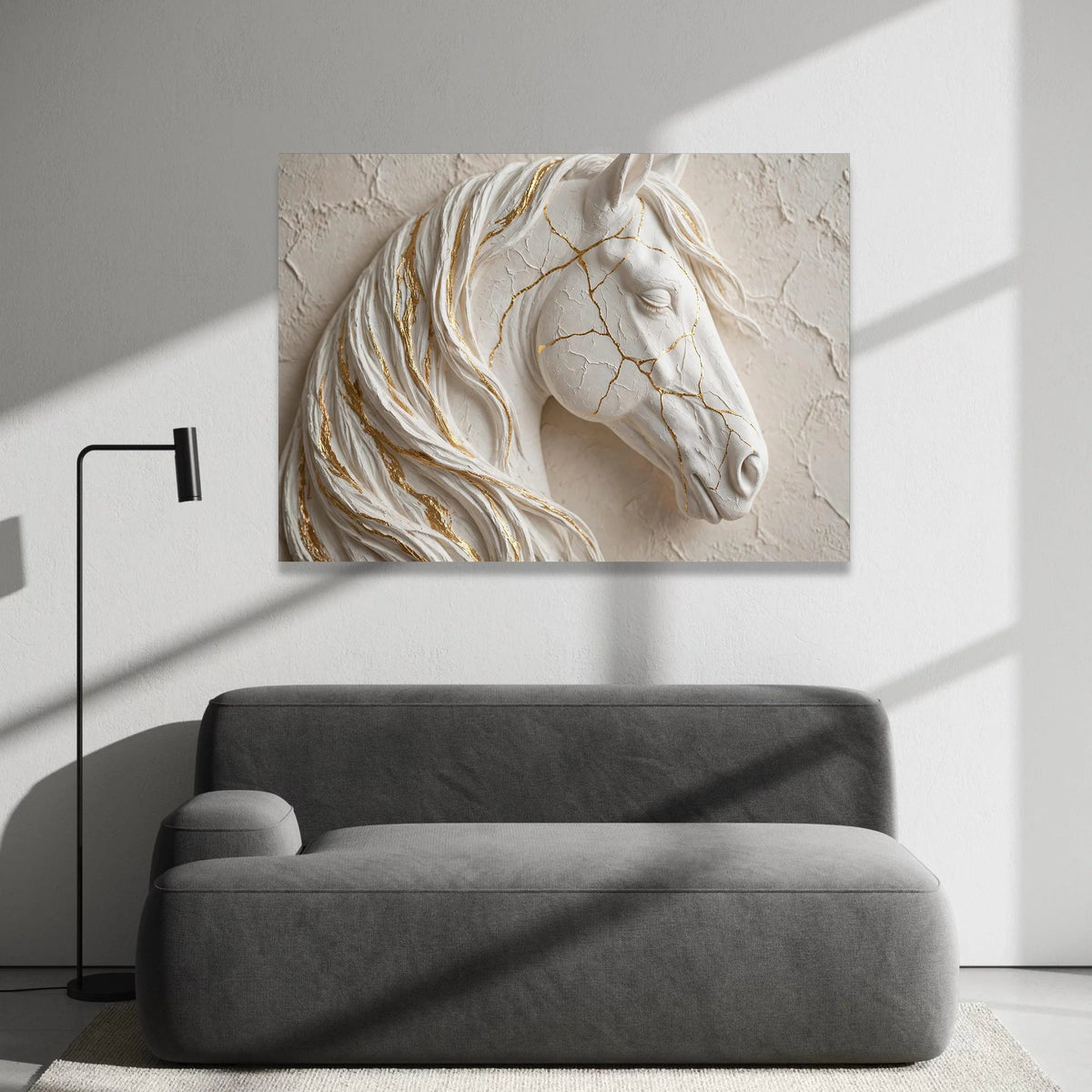 Elegant White Horse Canvas Wall Art, Golden Veins Decorative Horse Portrait, Modern Animal Canvas, Stylish Home Wall Canvas Print Art