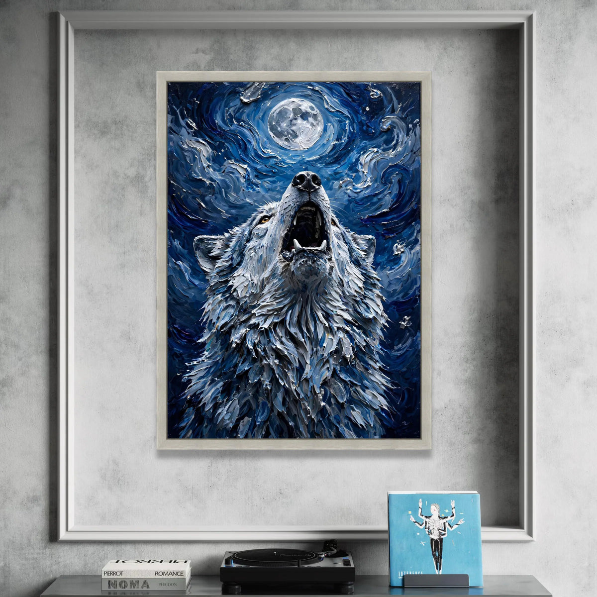 Howling Wolf Under Full Moon Canvas, Night Sky Wall Art, Wildlife Animal Canvas, Mystical Nature Decor, Blue Abstract Canvas Print Art