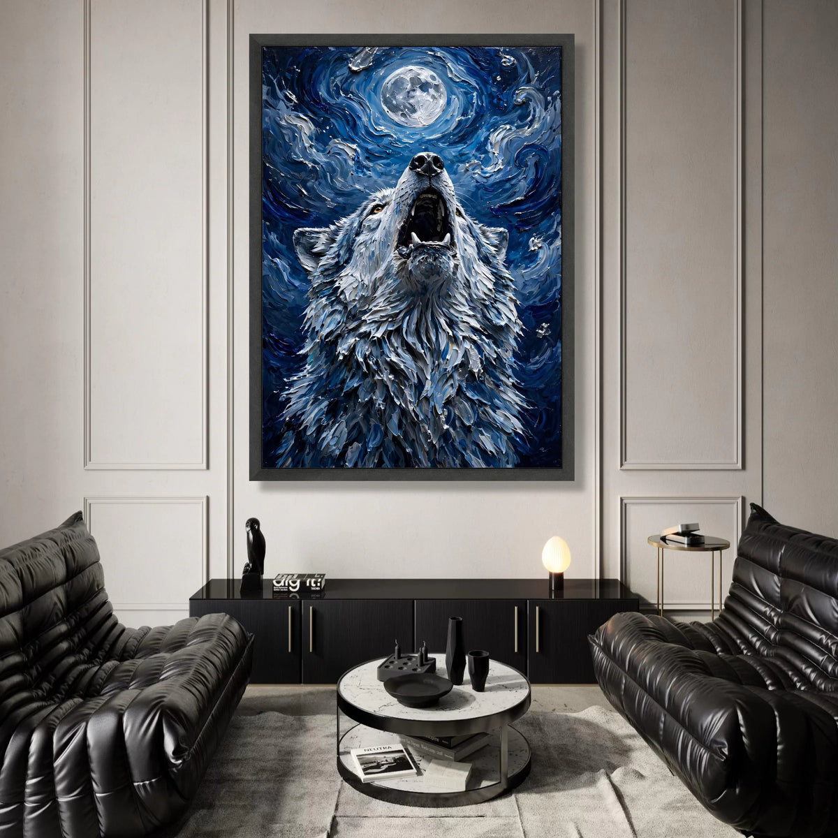 Howling Wolf Under Full Moon Canvas, Night Sky Wall Art, Wildlife Animal Canvas, Mystical Nature Decor, Blue Abstract Canvas Print Art