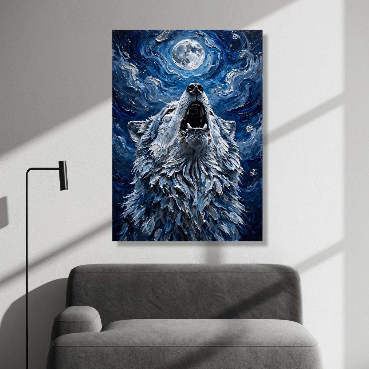 Howling Wolf Under Full Moon Canvas, Night Sky Wall Art, Wildlife Animal Canvas, Mystical Nature Decor, Blue Abstract Canvas Print Art