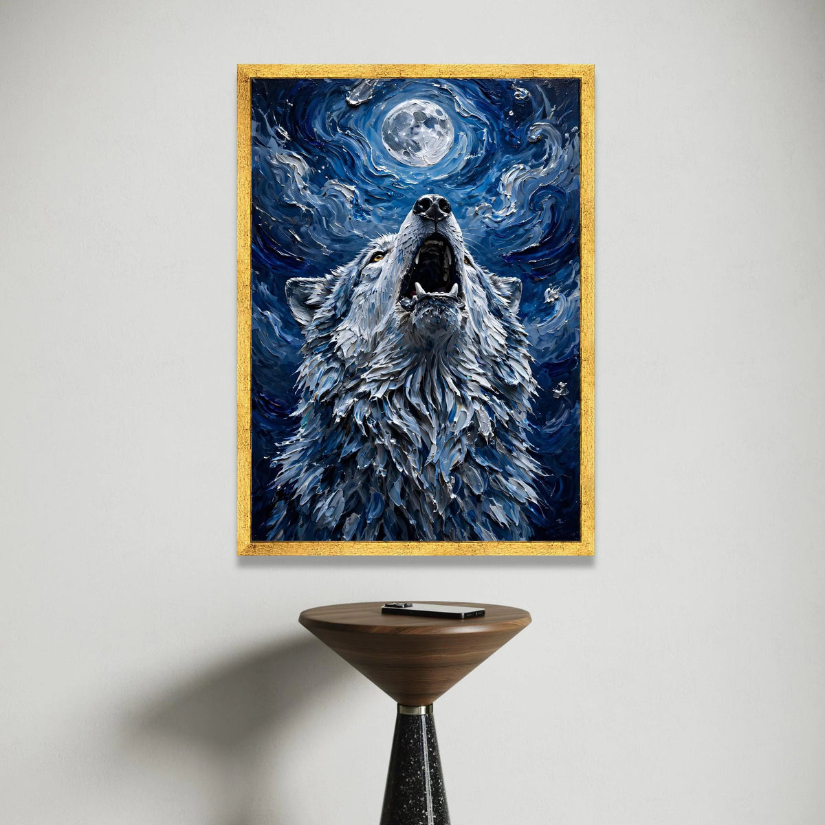 Howling Wolf Under Full Moon Canvas, Night Sky Wall Art, Wildlife Animal Canvas, Mystical Nature Decor, Blue Abstract Canvas Print Art