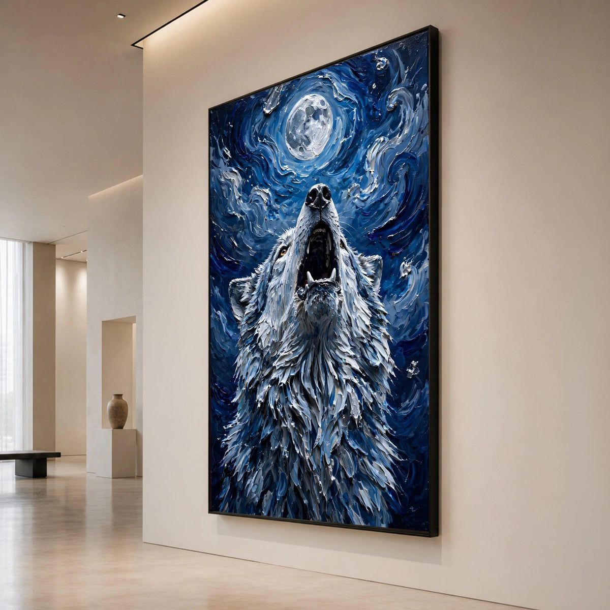 Howling Wolf Under Full Moon Canvas, Night Sky Wall Art, Wildlife Animal Canvas, Mystical Nature Decor, Blue Abstract Canvas Print Art