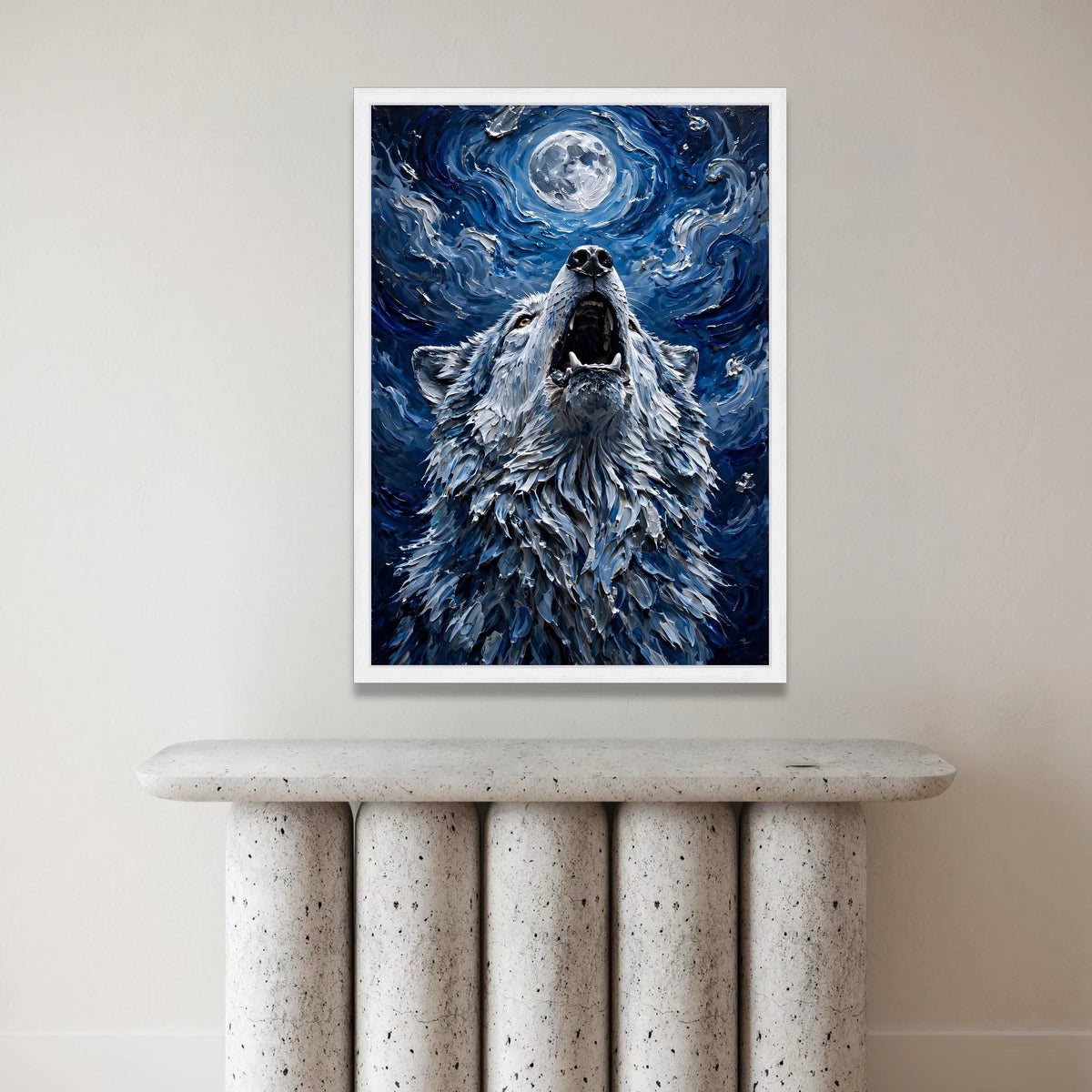 Howling Wolf Under Full Moon Canvas, Night Sky Wall Art, Wildlife Animal Canvas, Mystical Nature Decor, Blue Abstract Canvas Print Art