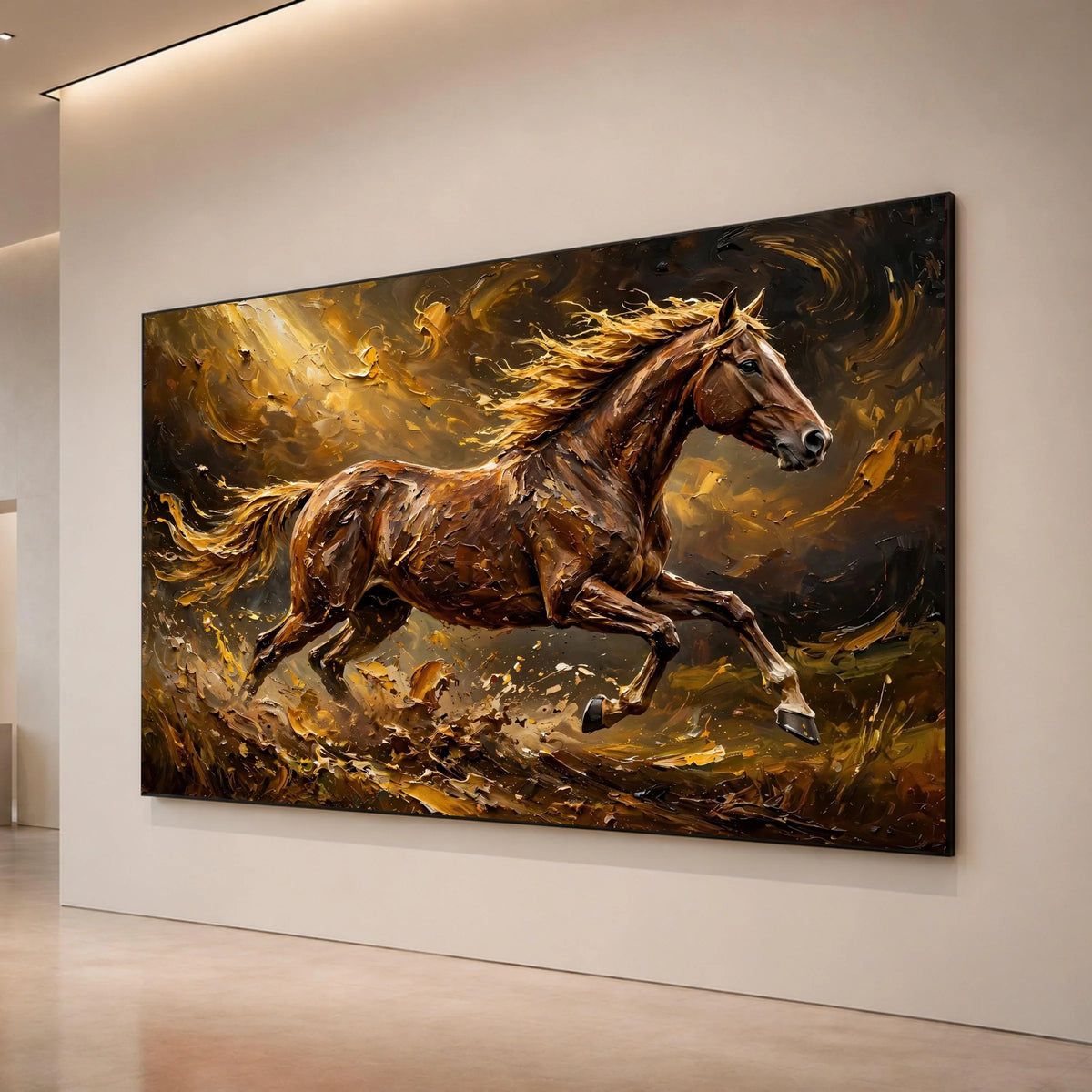 Majestic Running Horse Canvas Wall Art, Brown Stallion Painting, Energetic Animal Print, Dynamic Equestrian Decor, Living Canvas Print Art