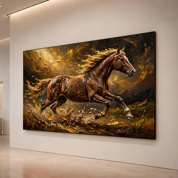 Majestic Running Horse Canvas Wall Art, Brown Stallion Painting, Energetic Animal Print, Dynamic Equestrian Decor, Living Canvas Print Art