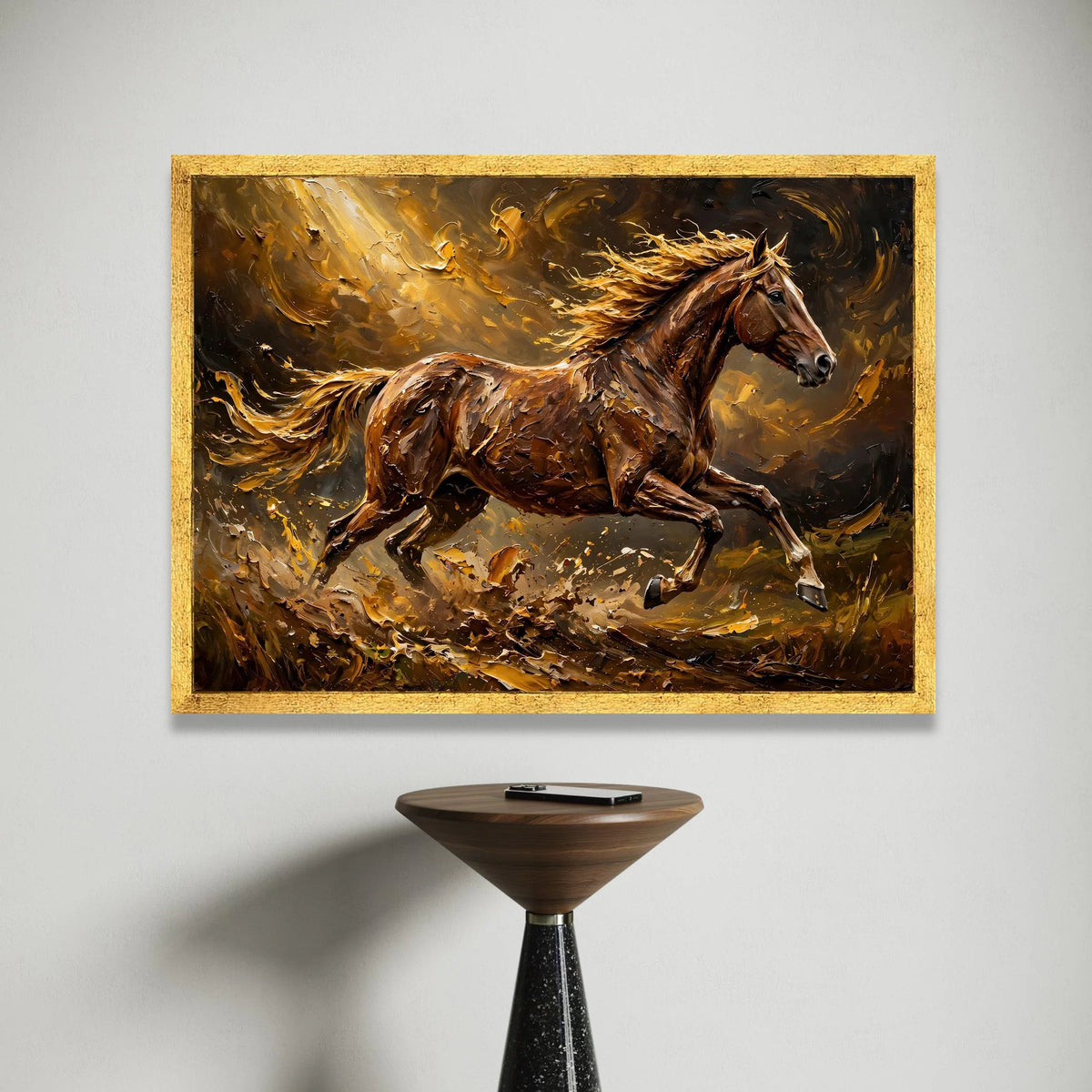 Majestic Running Horse Canvas Wall Art, Brown Stallion Painting, Energetic Animal Print, Dynamic Equestrian Decor, Living Canvas Print Art