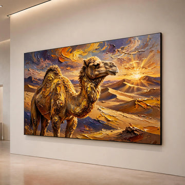 Desert Camel Sunset Canvas Wall Art, Middle Eastern Wildlife Painting, Warm Landscape Canvas, Animal Portrait Decoration, Canvas Print Art