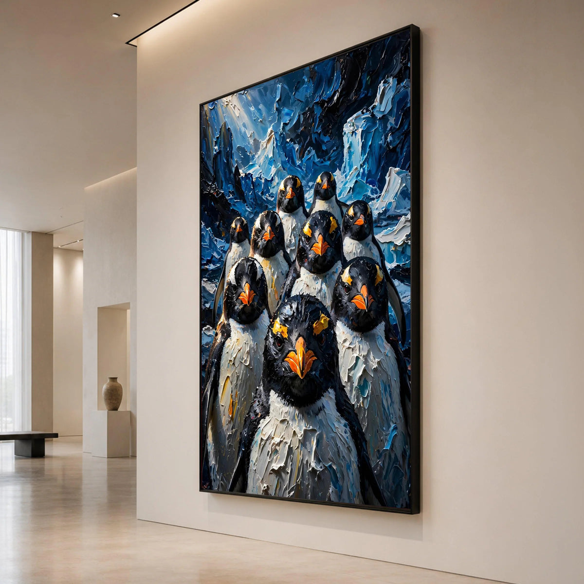 Bold Penguin Portraits Canvas, Arctic Bird Group Wall Art, Blue Ice Background, Wildlife Animal Canvas, Modern Home Canvas Print Art