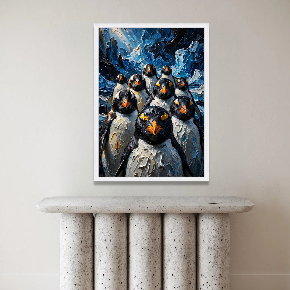 Bold Penguin Portraits Canvas, Arctic Bird Group Wall Art, Blue Ice Background, Wildlife Animal Canvas, Modern Home Canvas Print Art