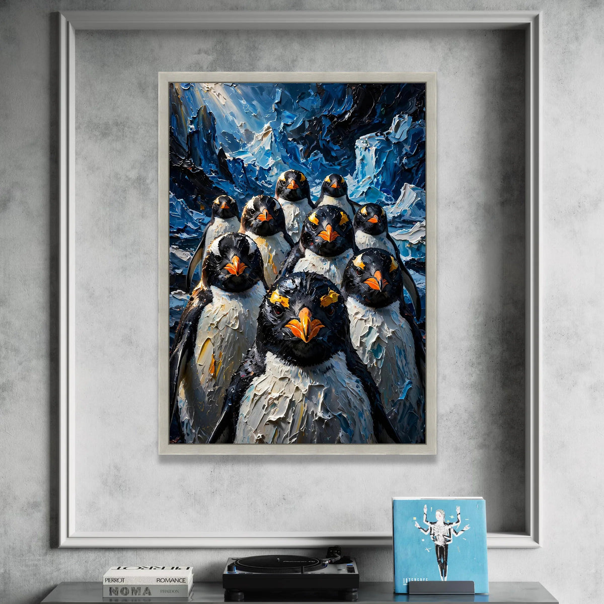 Bold Penguin Portraits Canvas, Arctic Bird Group Wall Art, Blue Ice Background, Wildlife Animal Canvas, Modern Home Canvas Print Art