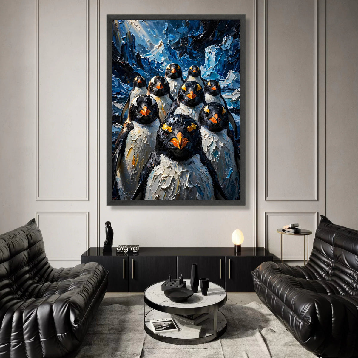 Bold Penguin Portraits Canvas, Arctic Bird Group Wall Art, Blue Ice Background, Wildlife Animal Canvas, Modern Home Canvas Print Art
