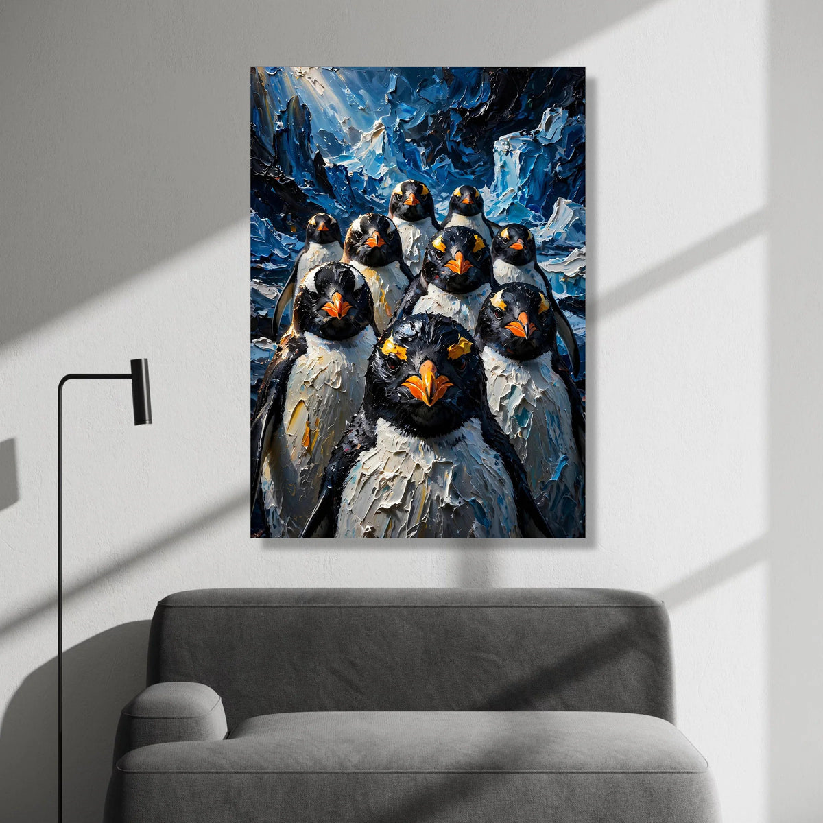 Bold Penguin Portraits Canvas, Arctic Bird Group Wall Art, Blue Ice Background, Wildlife Animal Canvas, Modern Home Canvas Print Art