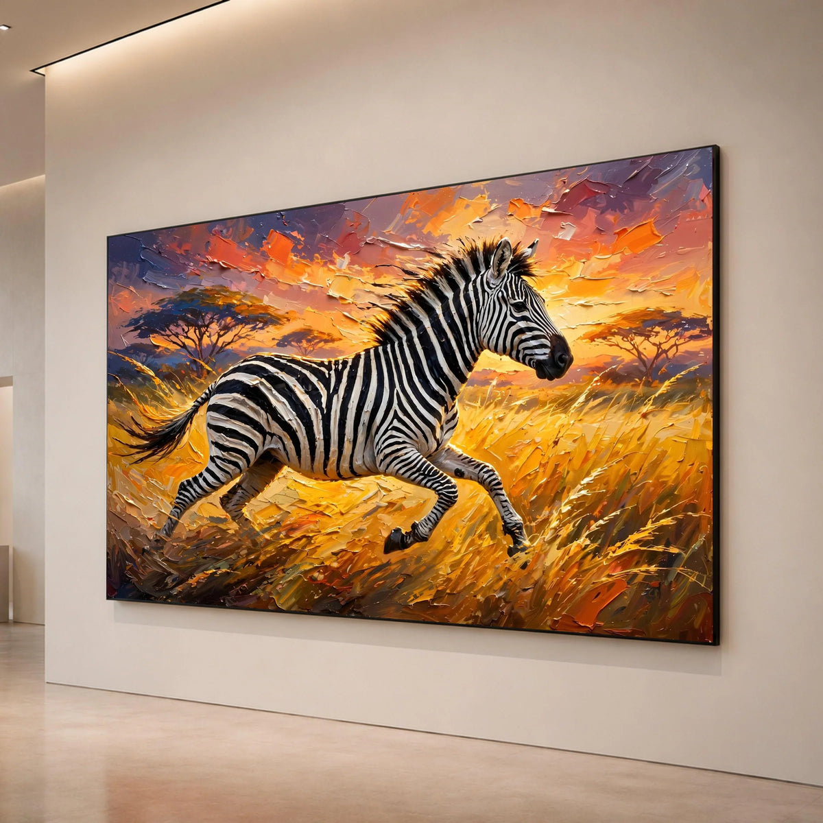 Running Zebra at Sunset Canvas, African Wildlife Wall Art, Safari Landscape Canvas, Vibrant Nature Scene, Home Decor Art Canvas Print Art