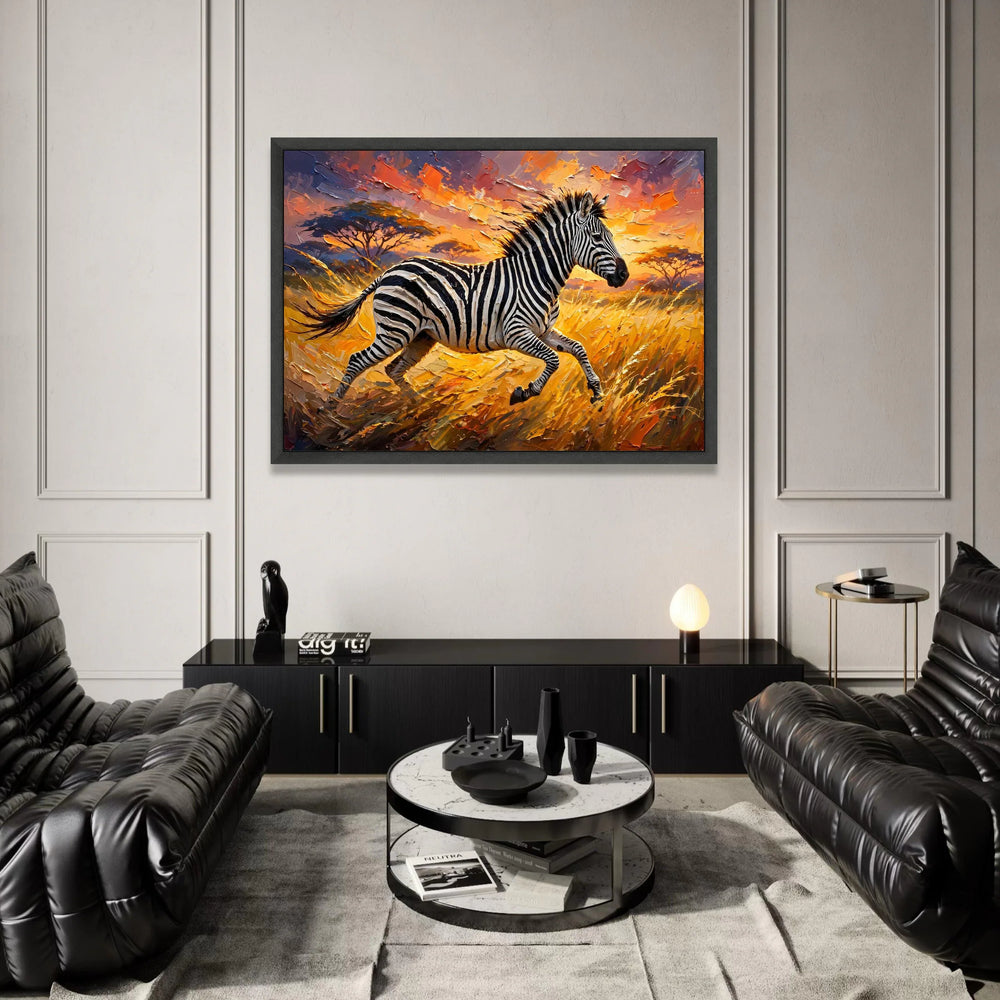 Running Zebra at Sunset Canvas, African Wildlife Wall Art, Safari Landscape Canvas, Vibrant Nature Scene, Home Decor Art Canvas Print Art