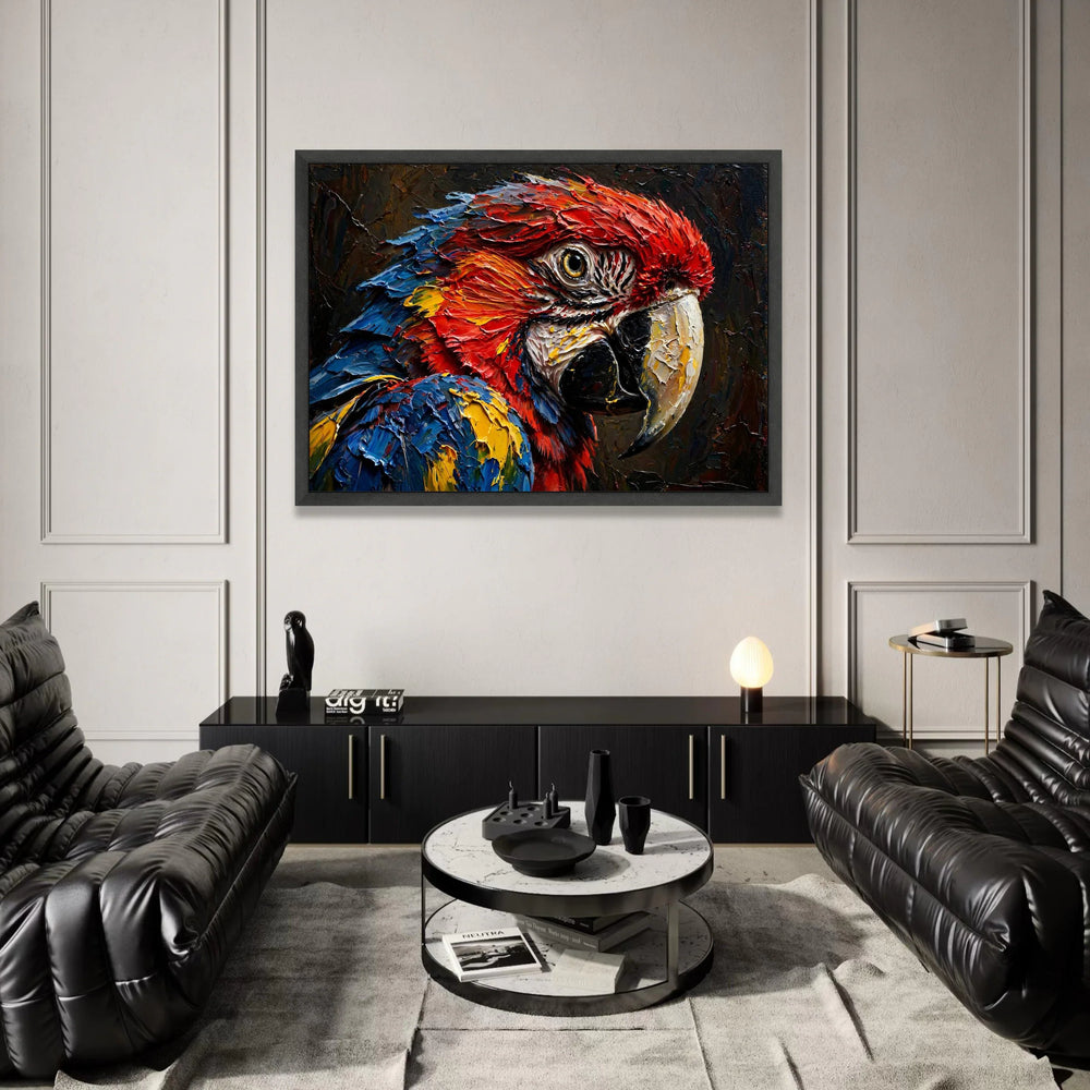 Colorful Parrot Head Close-Up Canvas, Tropical Bird Wall Art, Exotic Nature Decor, Vibrant Wildlife Canvas, Ready to Hang Canvas Print Art