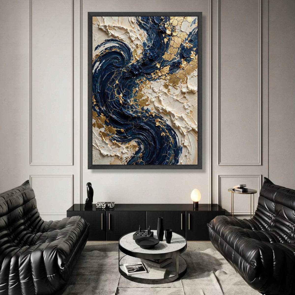 Elegant Navy Swirls with Gold Accents Canvas, Abstract Modern Wall Art, Blue and Cream Home Decor, Luxury Canvas Painting, Canvas Print Art