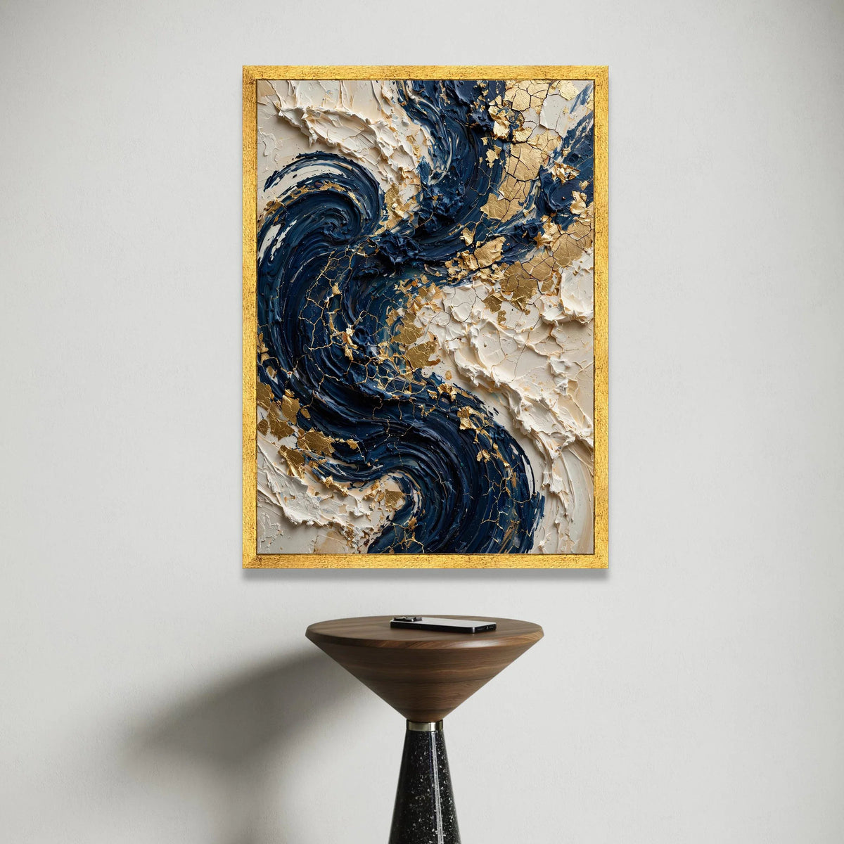Elegant Navy Swirls with Gold Accents Canvas, Abstract Modern Wall Art, Blue and Cream Home Decor, Luxury Canvas Painting, Canvas Print Art