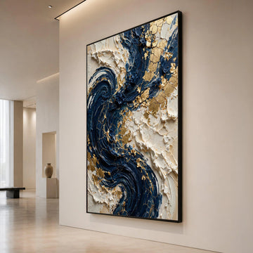 Elegant Navy Swirls with Gold Accents Canvas, Abstract Modern Wall Art, Blue and Cream Home Decor, Luxury Canvas Painting, Canvas Print Art