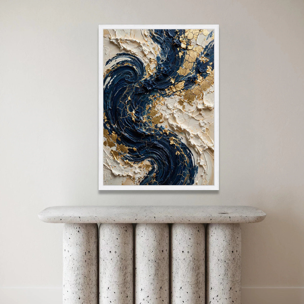 Elegant Navy Swirls with Gold Accents Canvas, Abstract Modern Wall Art, Blue and Cream Home Decor, Luxury Canvas Painting, Canvas Print Art