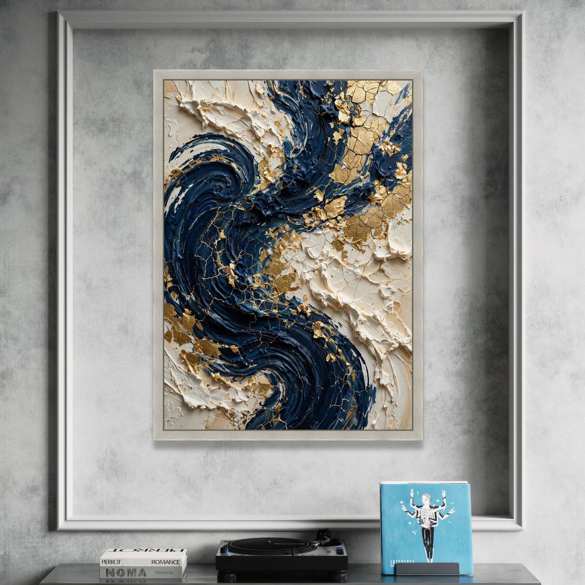 Elegant Navy Swirls with Gold Accents Canvas, Abstract Modern Wall Art, Blue and Cream Home Decor, Luxury Canvas Painting, Canvas Print Art