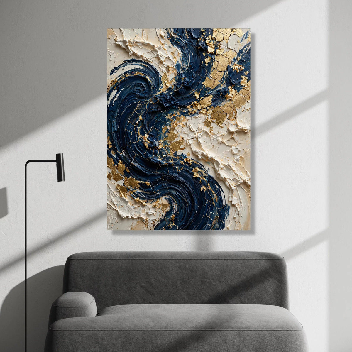 Elegant Navy Swirls with Gold Accents Canvas, Abstract Modern Wall Art, Blue and Cream Home Decor, Luxury Canvas Painting, Canvas Print Art