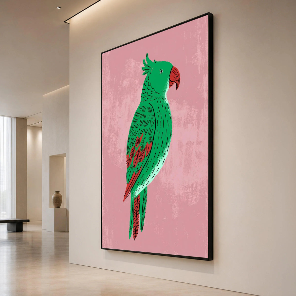Vibrant Green Parrot Illustration Canvas, Tropical Bird Wall Art, Nature Animal Canvas, Colorful Home Decoration Canvas Print Art