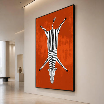 Playful Zebra Illustration Canvas, Striped Animal Wall Art, Modern African Safari Decor, Bold Orange Background, Kids Room Canvas Print Art