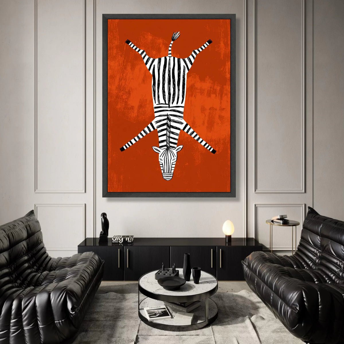 Playful Zebra Illustration Canvas, Striped Animal Wall Art, Modern African Safari Decor, Bold Orange Background, Kids Room Canvas Print Art