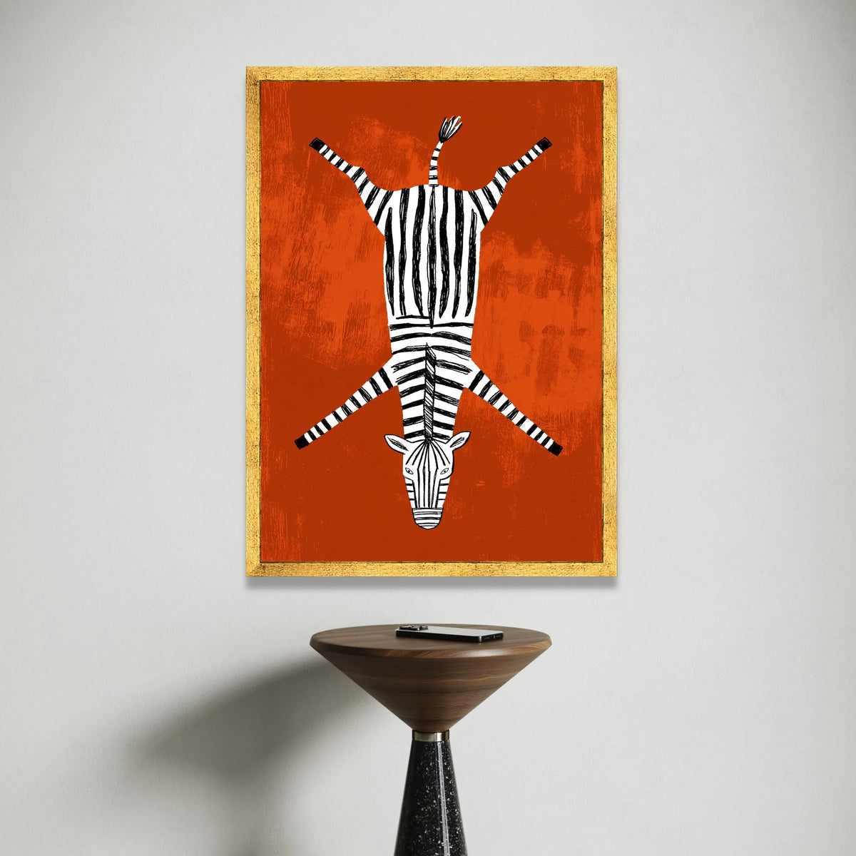 Playful Zebra Illustration Canvas, Striped Animal Wall Art, Modern African Safari Decor, Bold Orange Background, Kids Room Canvas Print Art