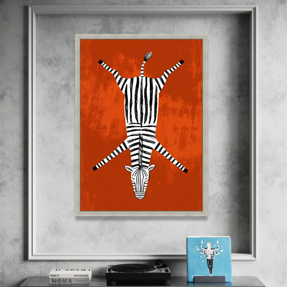 Playful Zebra Illustration Canvas, Striped Animal Wall Art, Modern African Safari Decor, Bold Orange Background, Kids Room Canvas Print Art