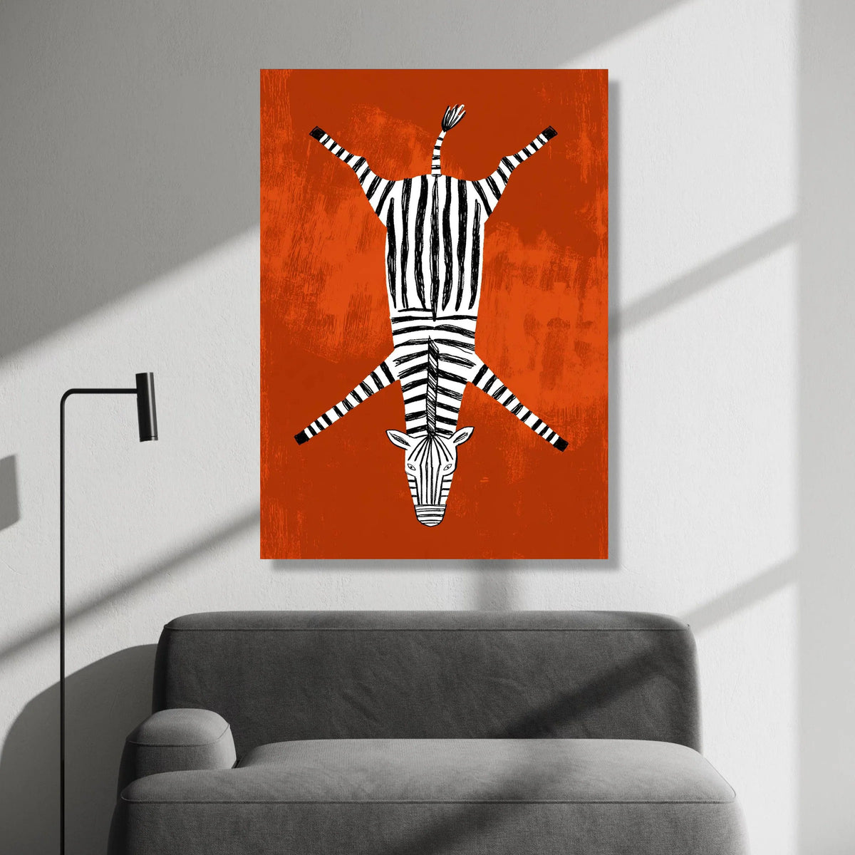 Playful Zebra Illustration Canvas, Striped Animal Wall Art, Modern African Safari Decor, Bold Orange Background, Kids Room Canvas Print Art