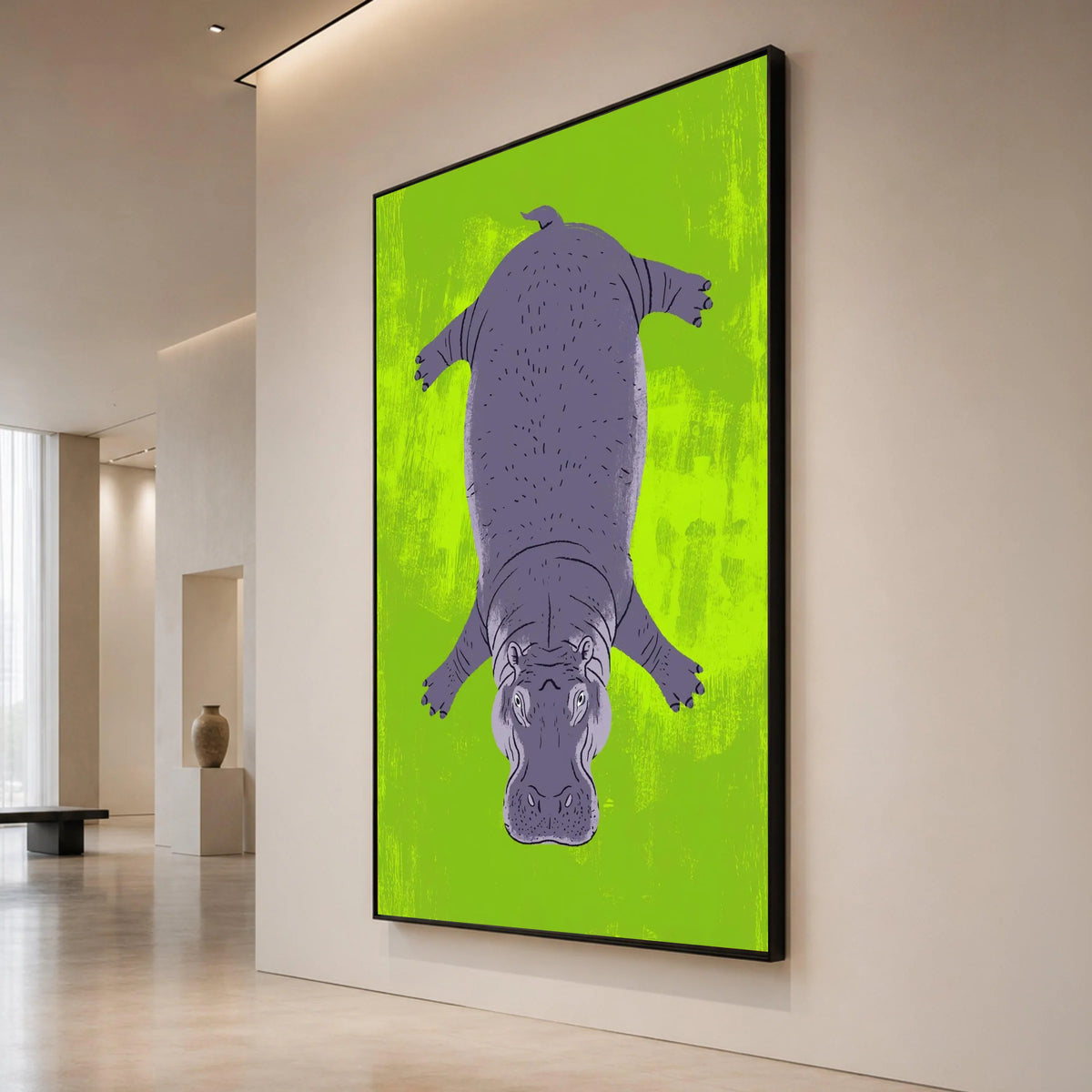 Playful Hippo Illustration Canvas, Animal Wall Art, Vibrant Green Background, Kids Room Decor, Fun Wildlife Canvas Art Canvas Print Art