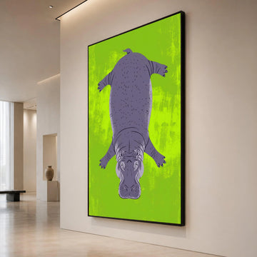 Playful Hippo Illustration Canvas, Animal Wall Art, Vibrant Green Background, Kids Room Decor, Fun Wildlife Canvas Art Canvas Print Art