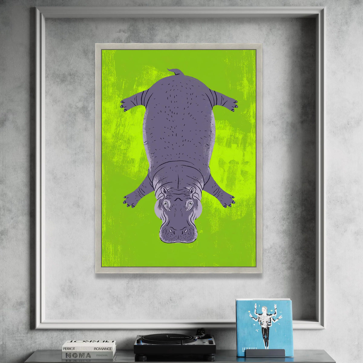 Playful Hippo Illustration Canvas, Animal Wall Art, Vibrant Green Background, Kids Room Decor, Fun Wildlife Canvas Art Canvas Print Art