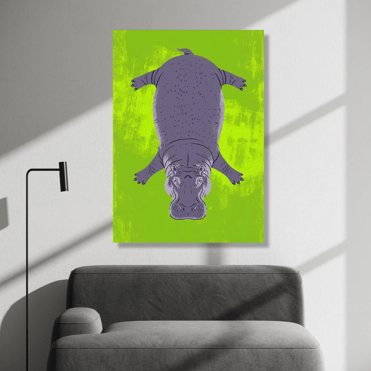 Playful Hippo Illustration Canvas, Animal Wall Art, Vibrant Green Background, Kids Room Decor, Fun Wildlife Canvas Art Canvas Print Art