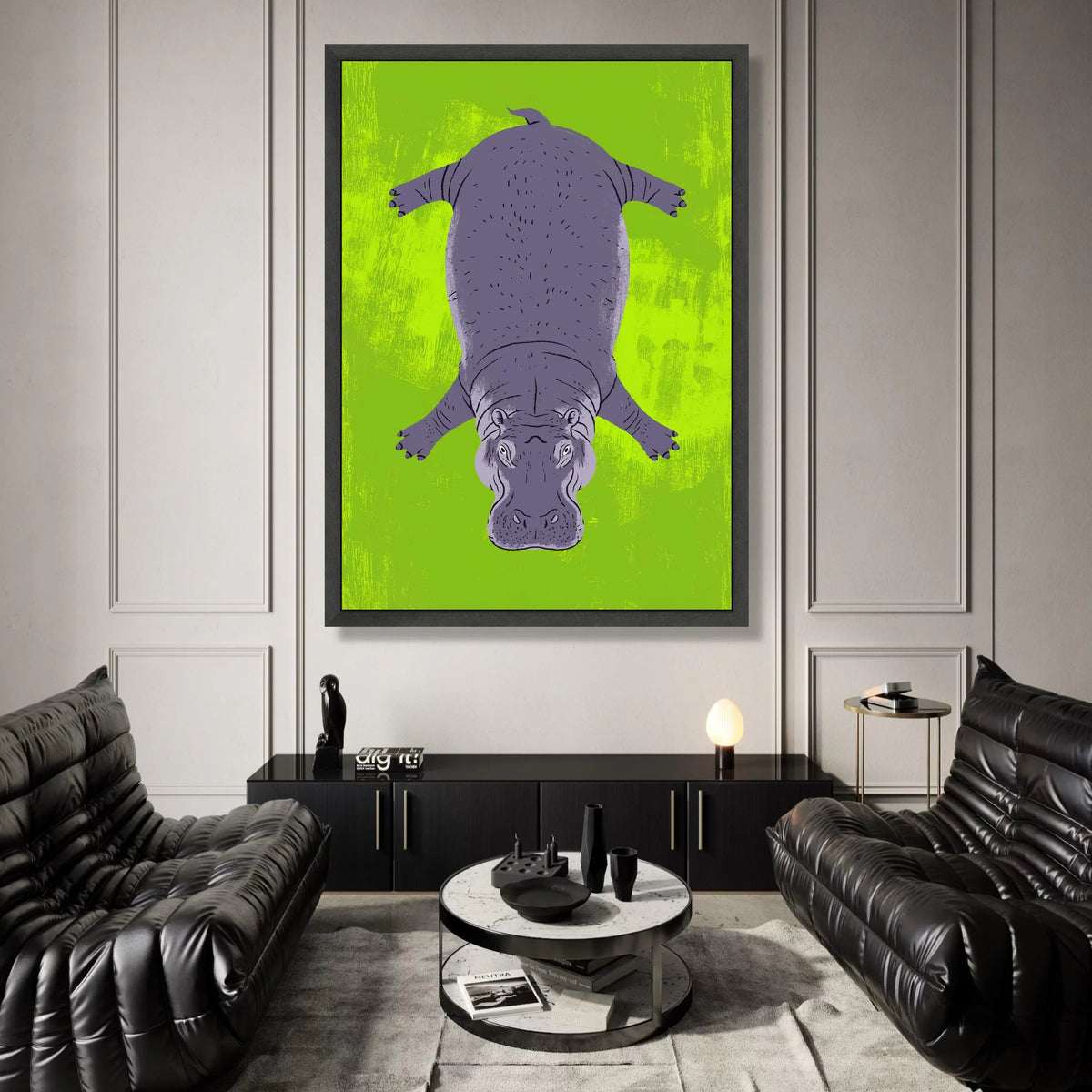 Playful Hippo Illustration Canvas, Animal Wall Art, Vibrant Green Background, Kids Room Decor, Fun Wildlife Canvas Art Canvas Print Art