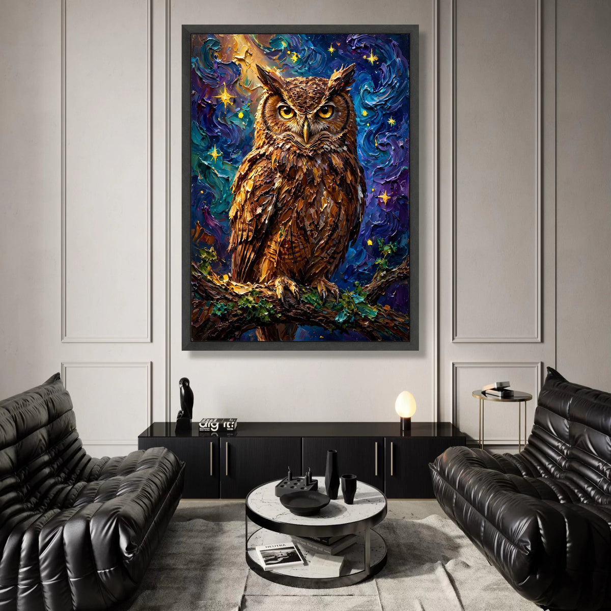 Majestic Owl at Night Canvas, Starry Sky Wall Art, Bird Nature Canvas, Woodland Animal Decoration, Nighttime Wildlife Print Canvas Print Art