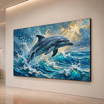 Jumping Dolphin Canvas Wall Art, Ocean Wave Splash, Marine Life Decoration, Coastal Wall Art, Blue Sea Canvas Print Canvas Print Art
